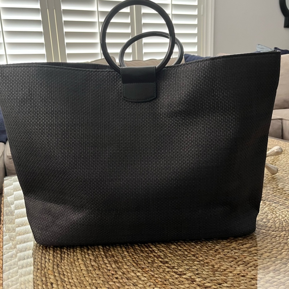 Kate Spade Woven Black Straw-look Tote Bag Shopper Hoop Bracelet Ring Handle